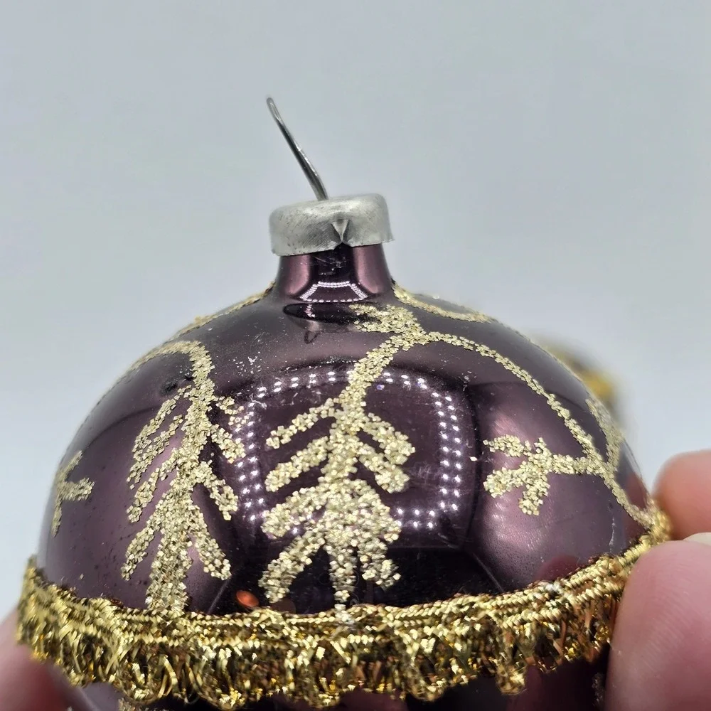 2 Vtg Glass Ball Christmas Ornaments Purple Gold Hand Blown‎ Unique